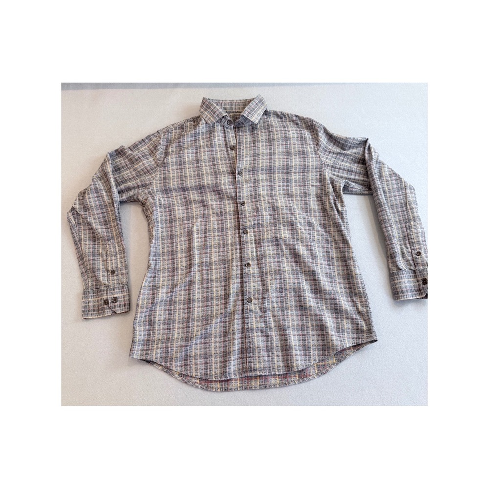 Tasso Elba Mens Grey Plaid Textured 100% Cotton Button Down Shirt Size M